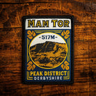 Mam Tor retro woven patch – iconic Peak District hill above Castleton, pub sign design, iron-on backing