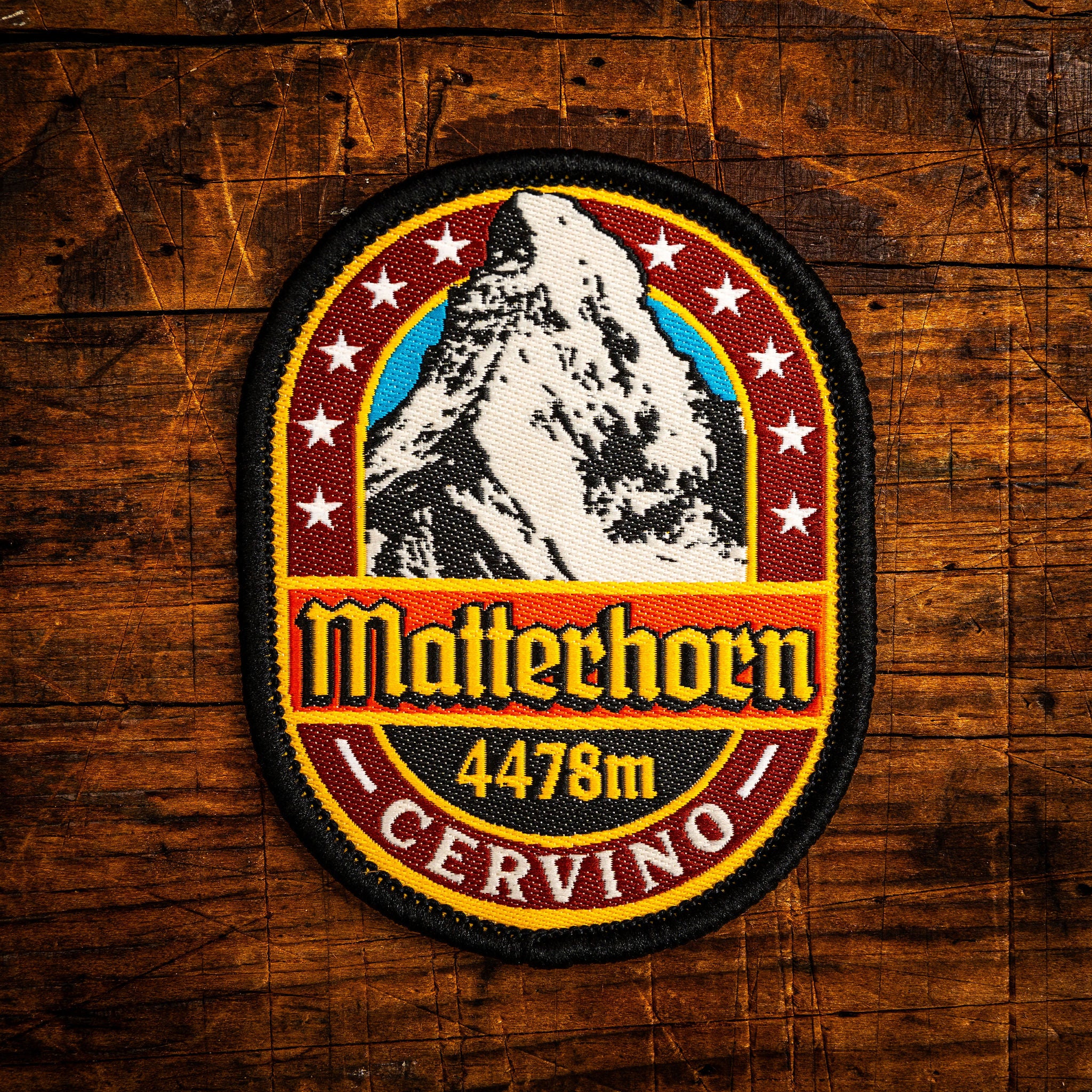 Matterhorn retro woven patch – iconic Alps mountain, Switzerland, iron-on backing, recycled yarn