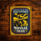 Monsal Trail retro woven patch – Peak District walking and cycling route along former railway, pub sign design