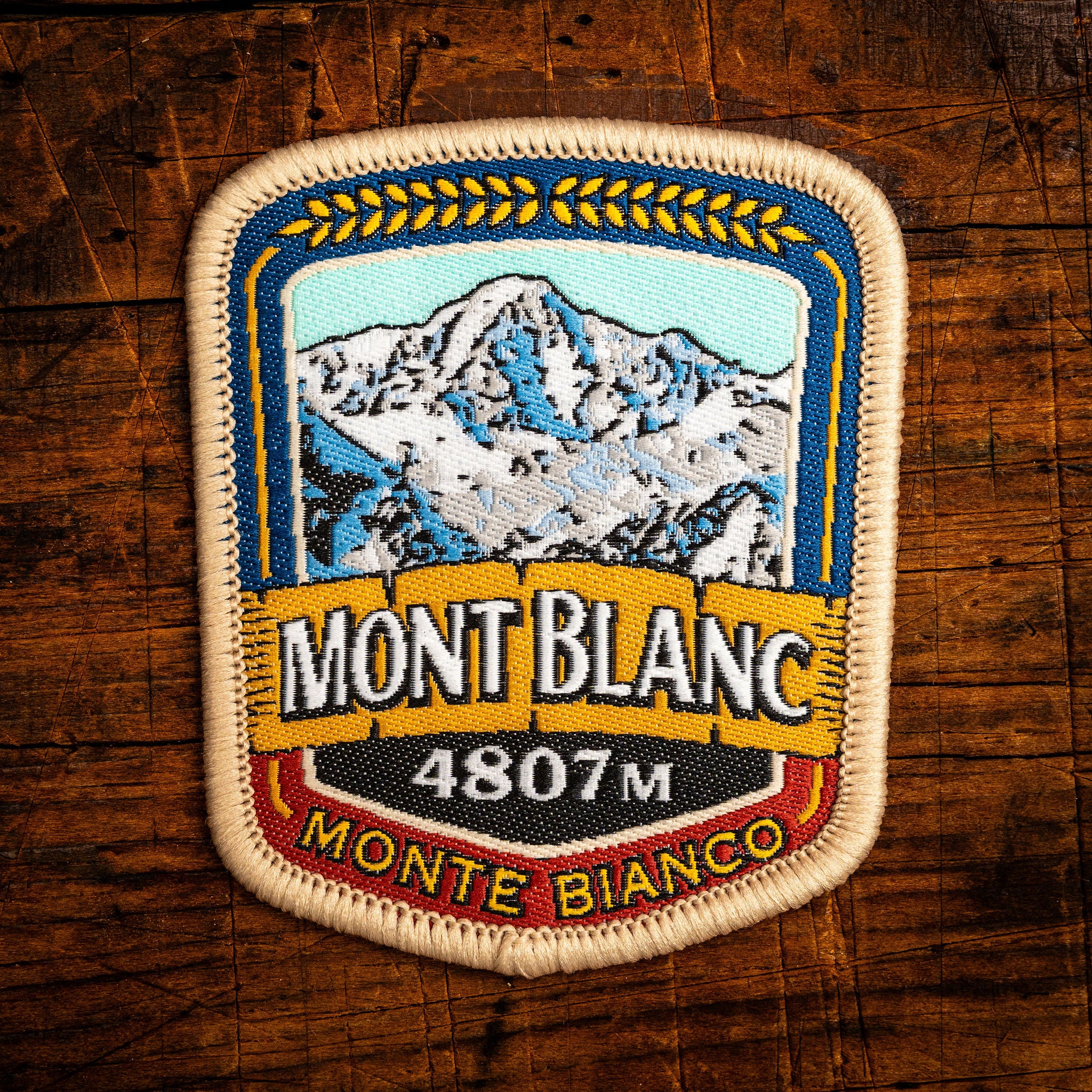 Mont Blanc retro woven patch – highest peak in the European Alps, iron-on backing, recycled yarn