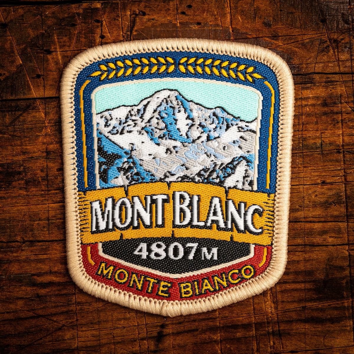 Mont Blanc retro woven patch – highest peak in the European Alps, iron-on backing, recycled yarn