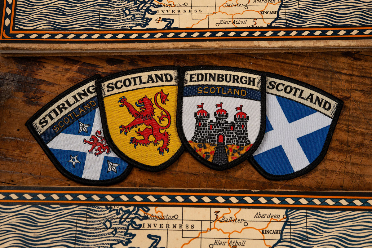 Royal Banner of Scotland patches displayed - Lion Rampant retro woven Scottish patches collection