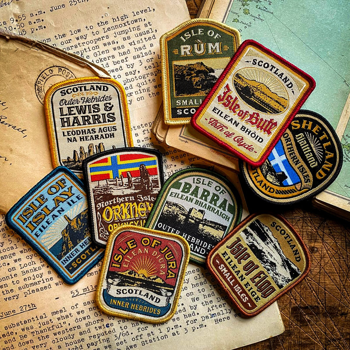 Scottish island patches collection including Shetland - retro whisky label woven patches