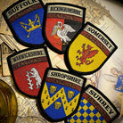 English county flag patches collection on backing card - retro woven county flag patches