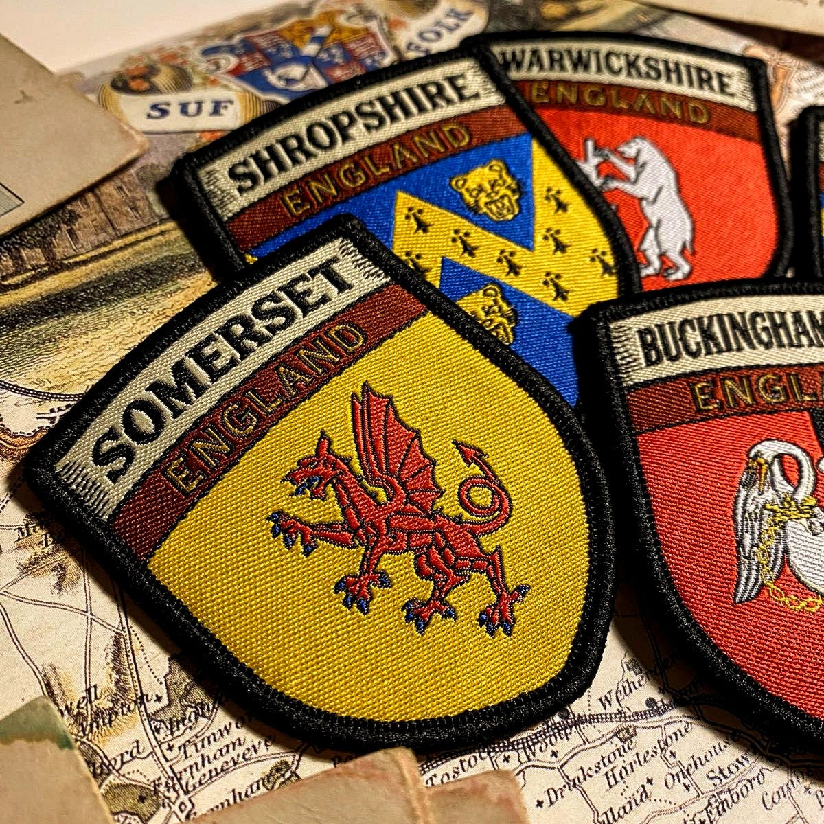 English county flag patches lifestyle shot on outdoor gear - retro woven county flag patches