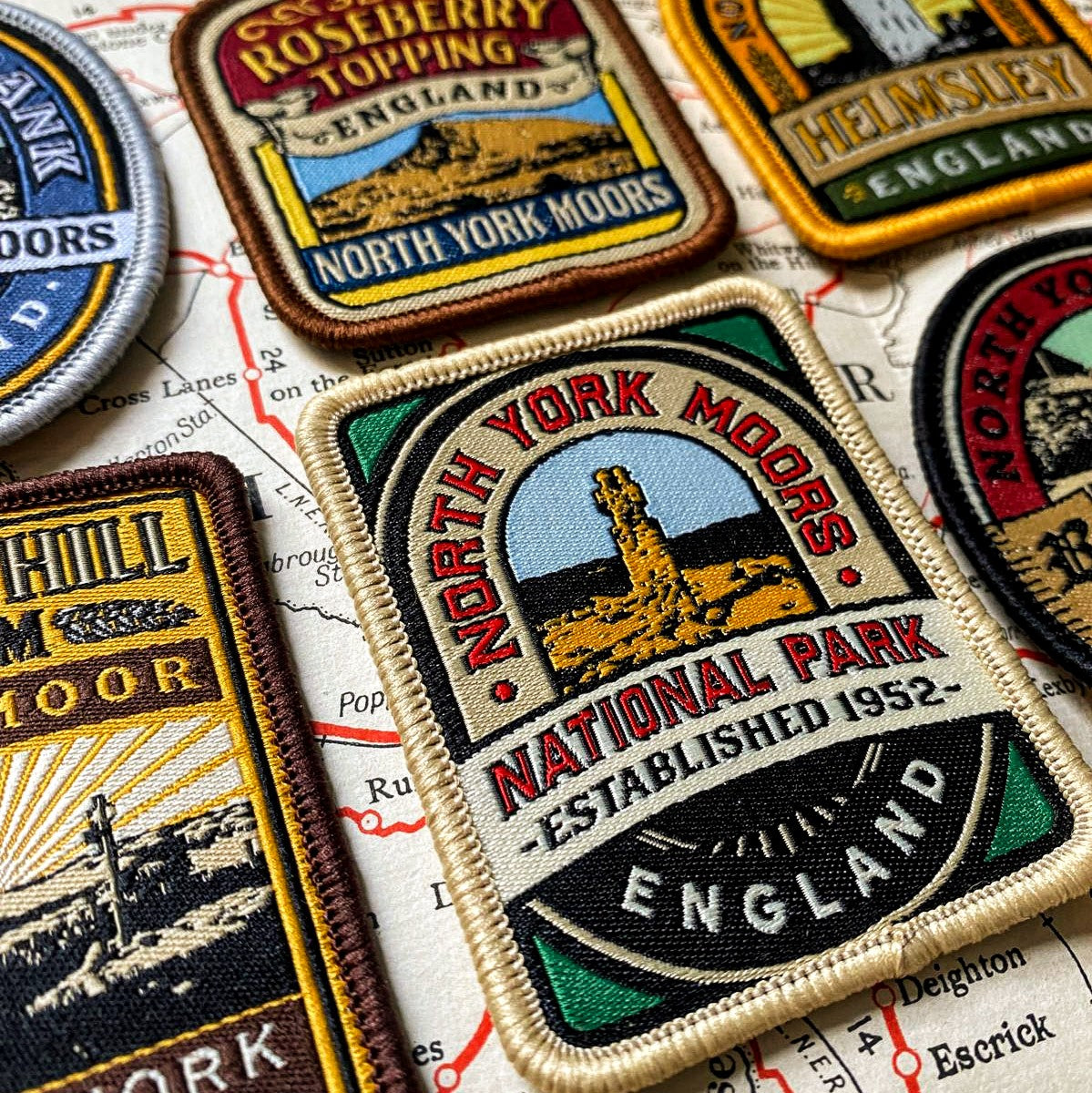 North York Moors patches collection including National Park patch - retro woven hiking patches