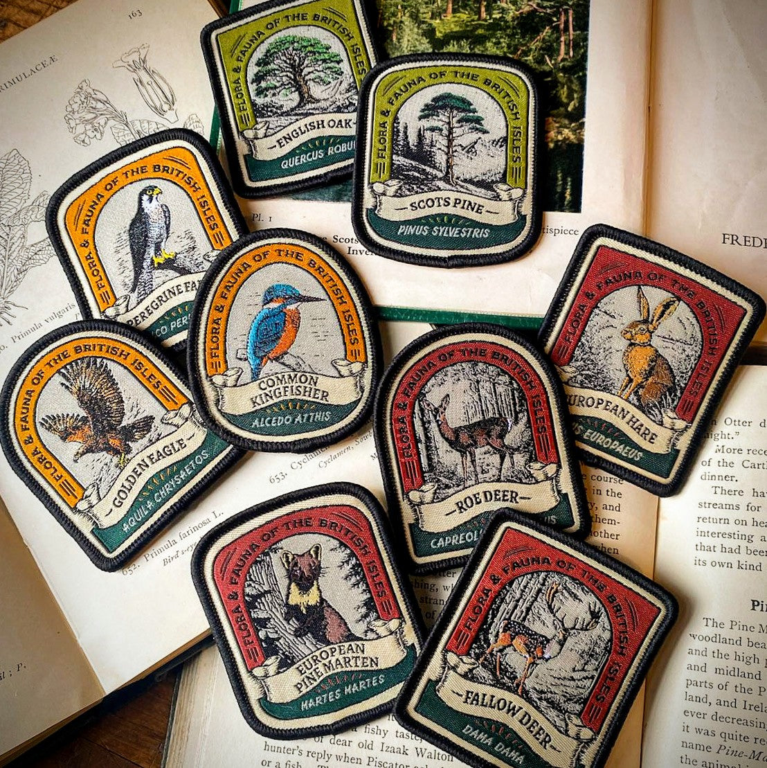 British Wildlife patches on outdoor gear including European Hare - retro woven wildlife patches