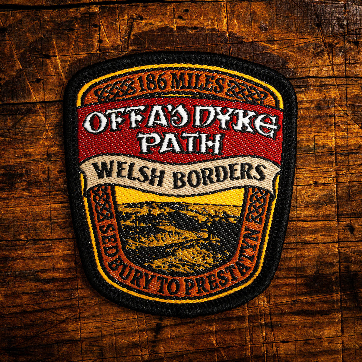 Offa's Dyke Path retro woven patch – historic national trail following 8th century earth dyke, iron-on