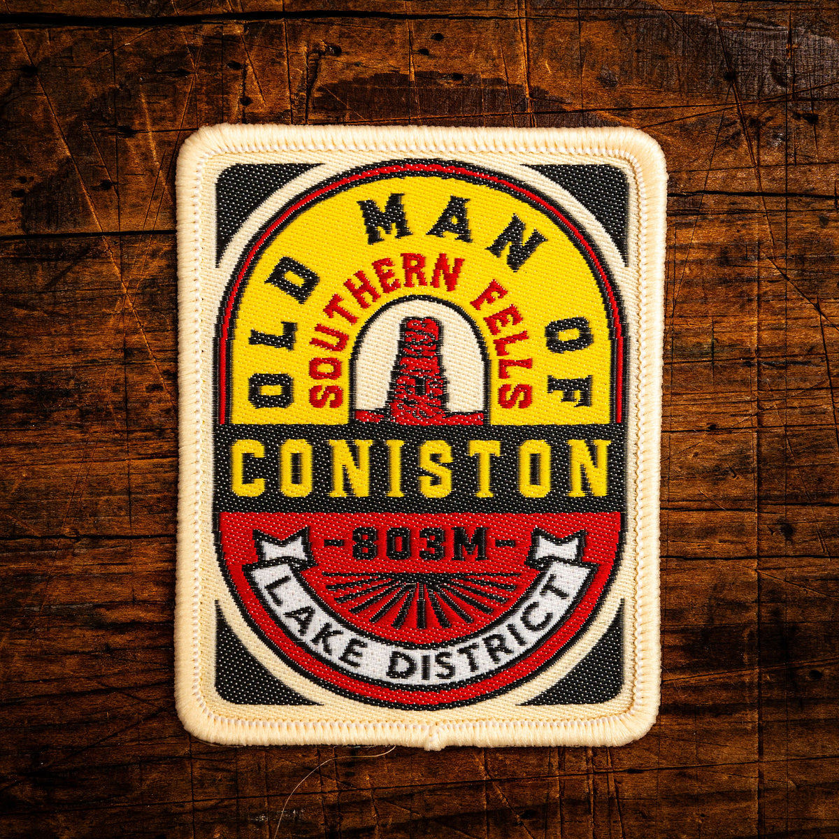 Old Man of Coniston retro woven patch – Southern Fells Wainwright, Lake District, iron-on backing