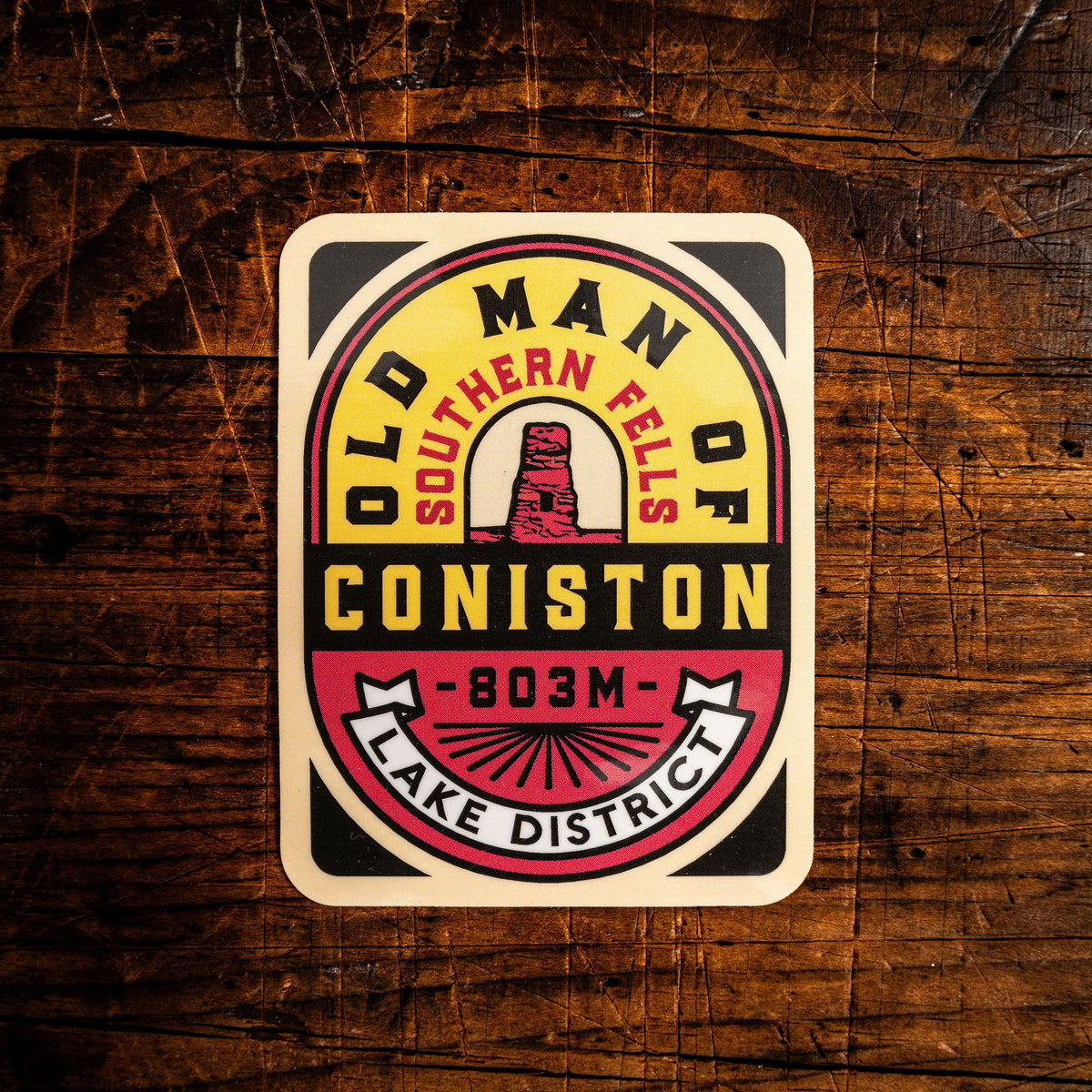 Old Man of Coniston waterproof vinyl sticker – 55mm x 71mm, UV resistant, dishwasher safe