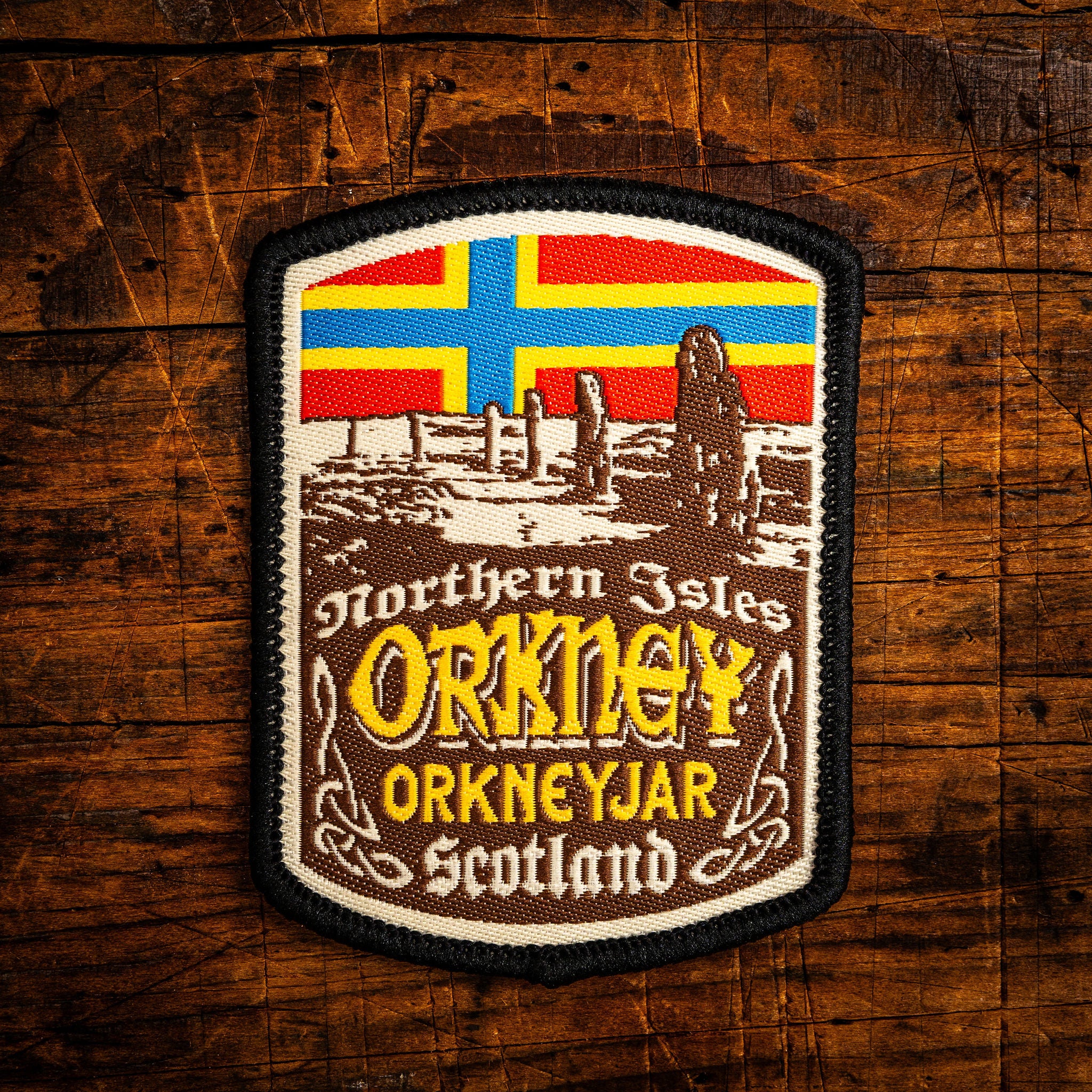 Orkney retro woven patch - stunning Scottish archipelago, whisky label design, iron-on backing