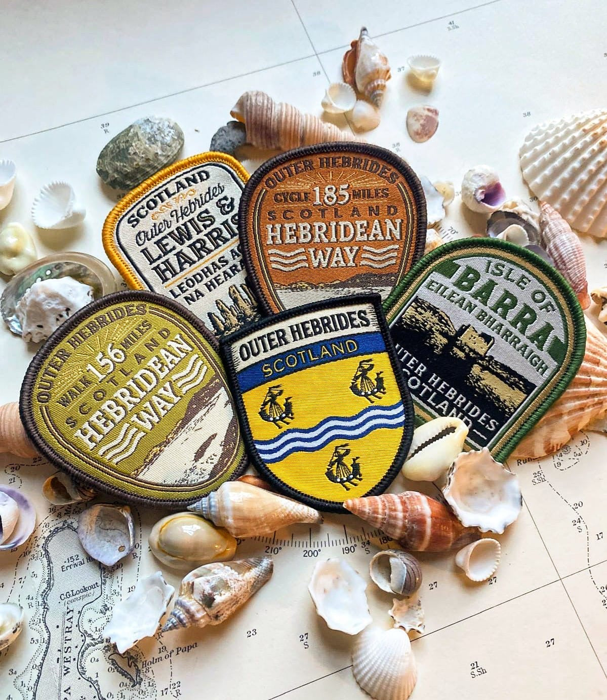 Outer Hebrides island patches on outdoor gear - retro woven patches for Hebridean adventurers