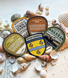Outer Hebrides island patches on outdoor gear - retro woven patches for Hebridean adventurers