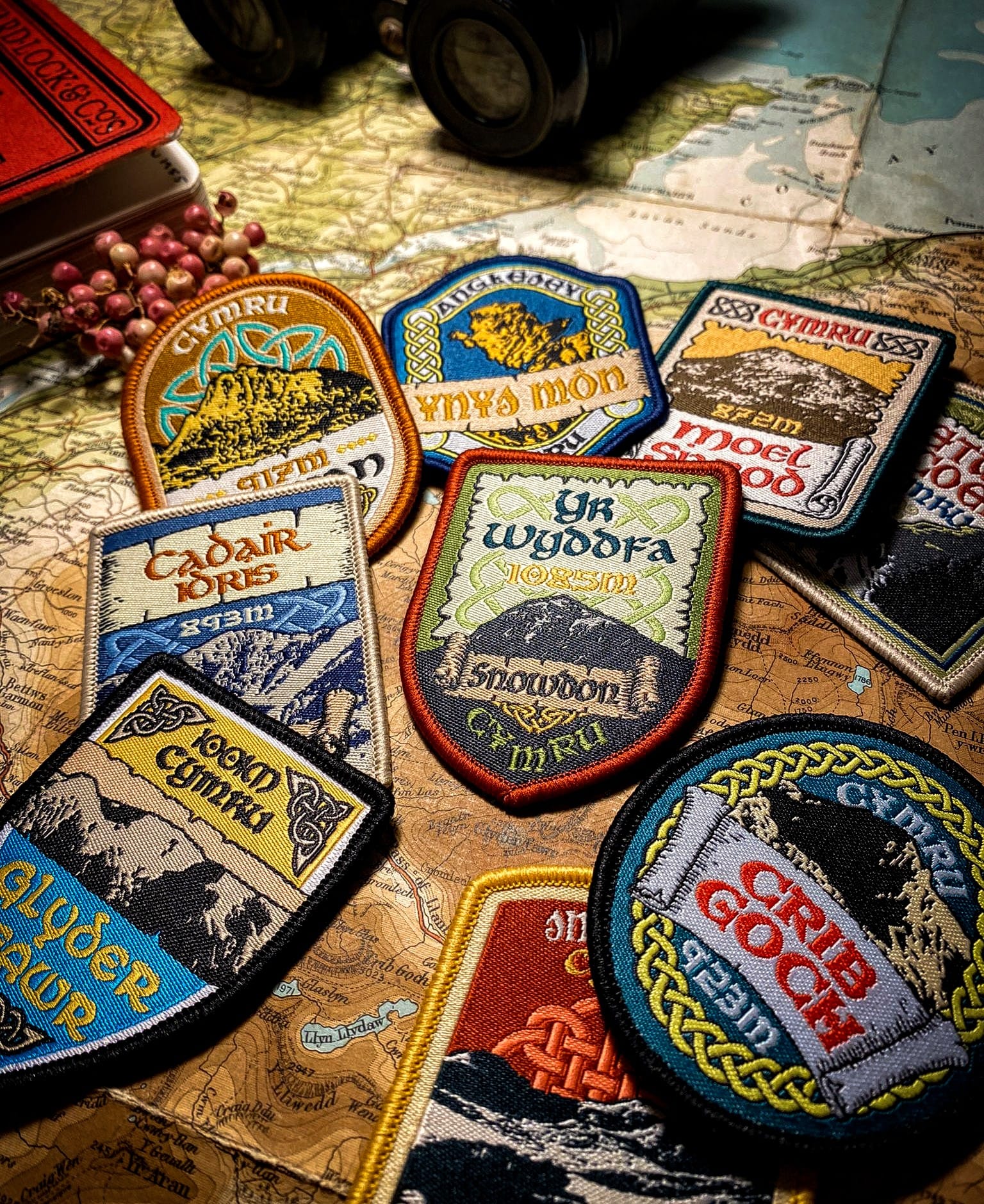 Welsh Mountain patches collection displayed together – Celtic pattern retro woven patches for Welsh hills