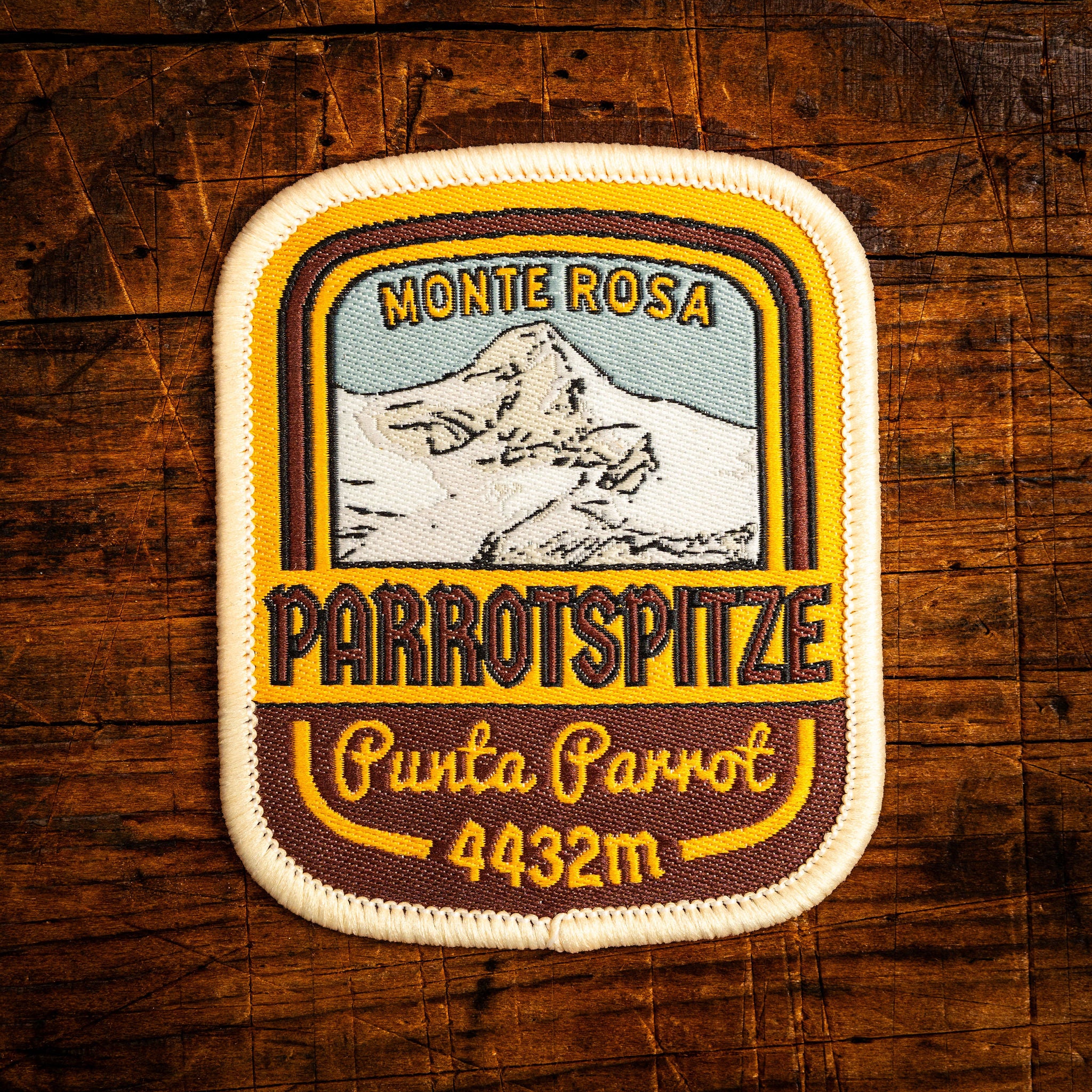 Parrotspitze retro woven patch – classic 4000m Monte Rosa massif peak, Alps, iron-on backing