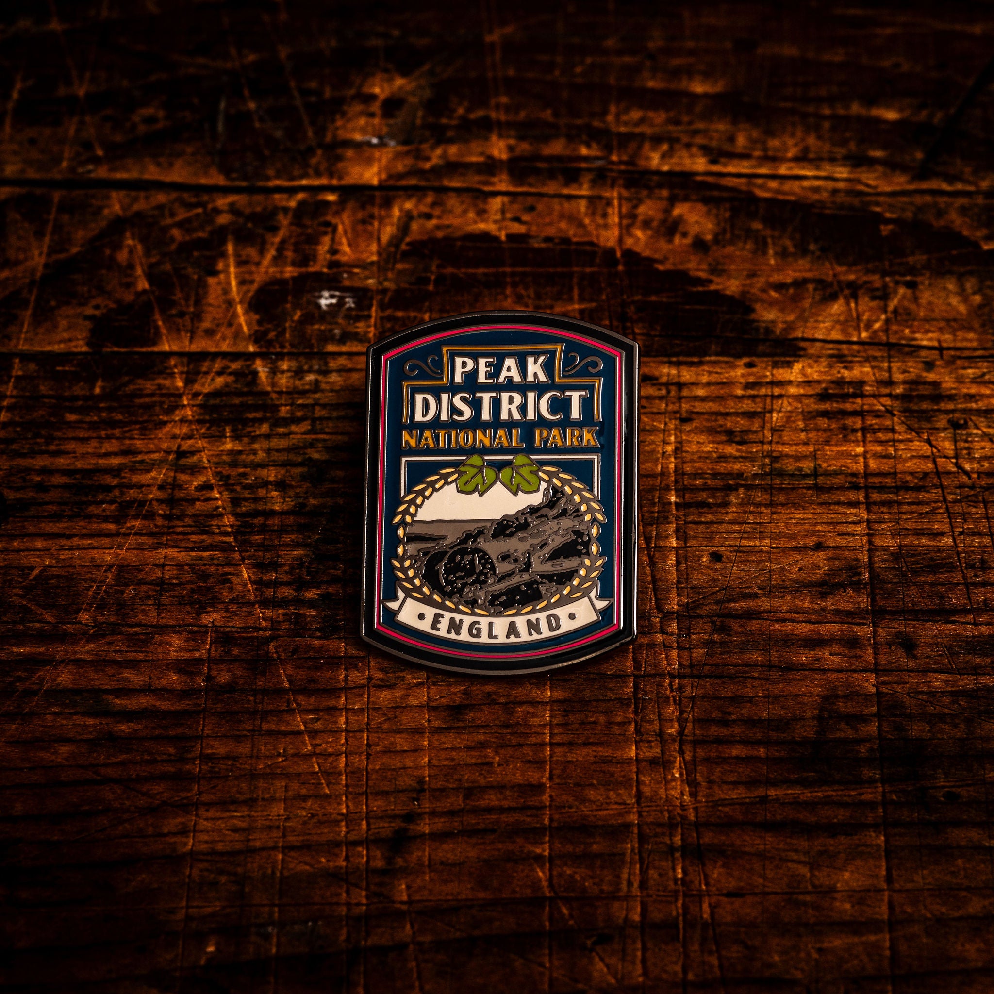 Peak District National Park hard enamel pin - millstones pub sign design, butterfly clasp