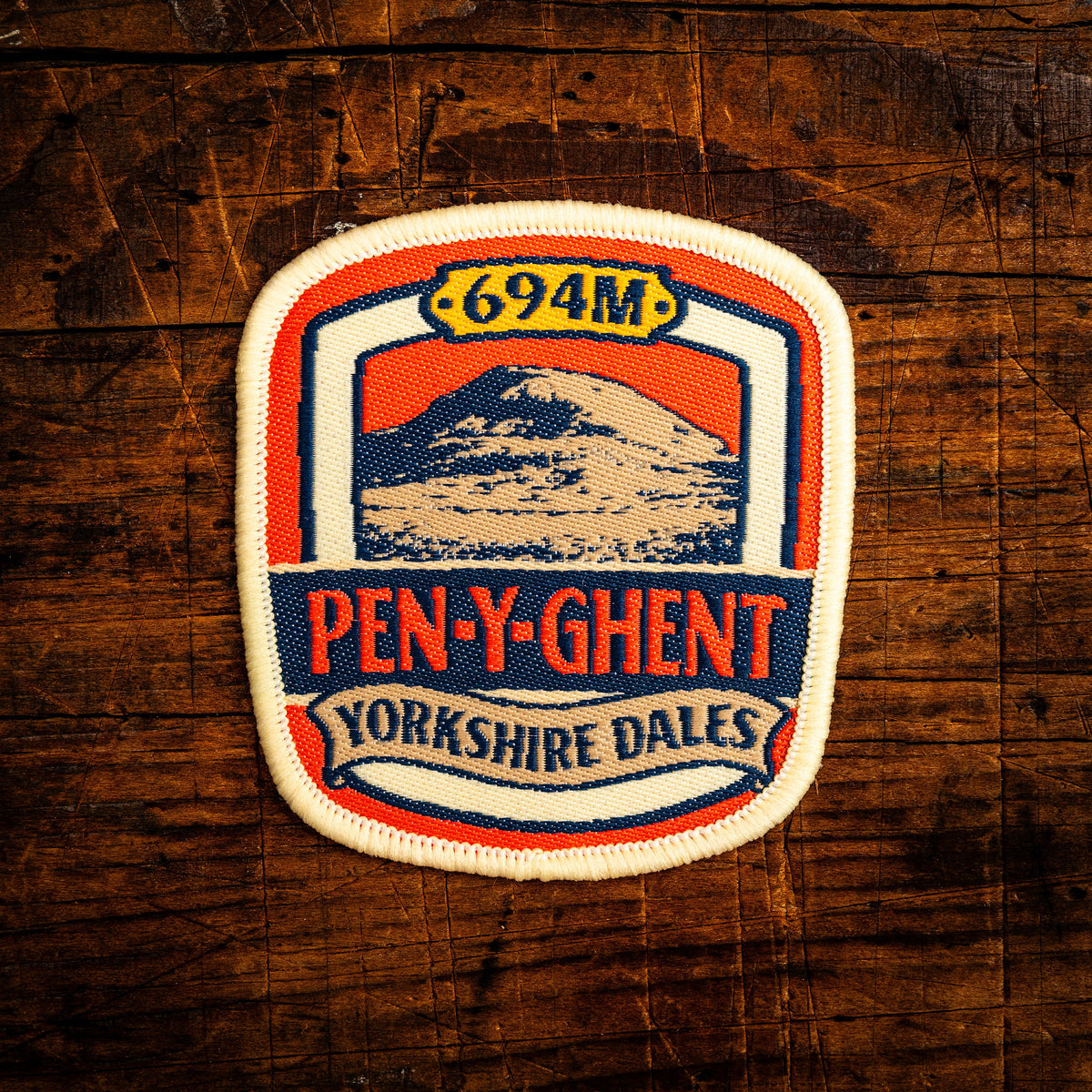 Pen-y-ghent retro woven patch – popular Yorkshire Dales peak, iron-on backing, recycled yarn
