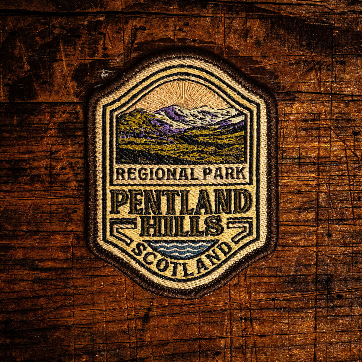 Pentland Hills retro woven patch - range of hills south of Edinburgh, Scotland, iron-on backing