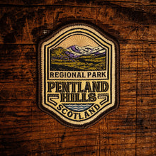 Load image into Gallery viewer, Pentland Hills retro woven patch - range of hills south of Edinburgh, Scotland, iron-on backing