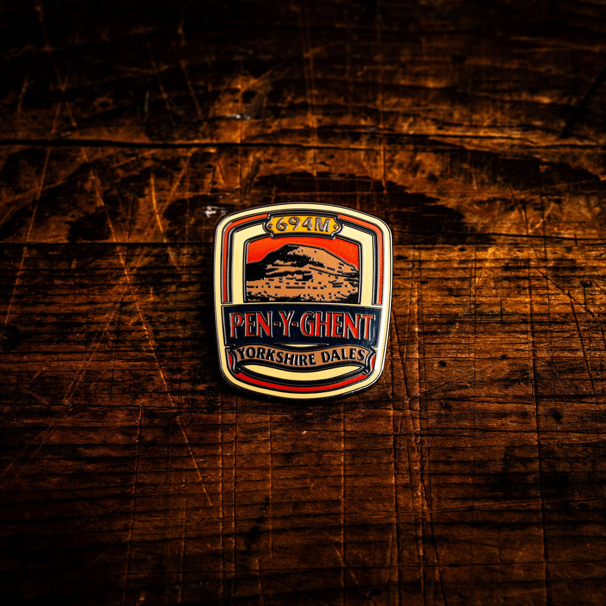 Pen Y Ghent hard enamel pin - classic Yorkshire Three Peaks fell, pub sign design, butterfly clasp