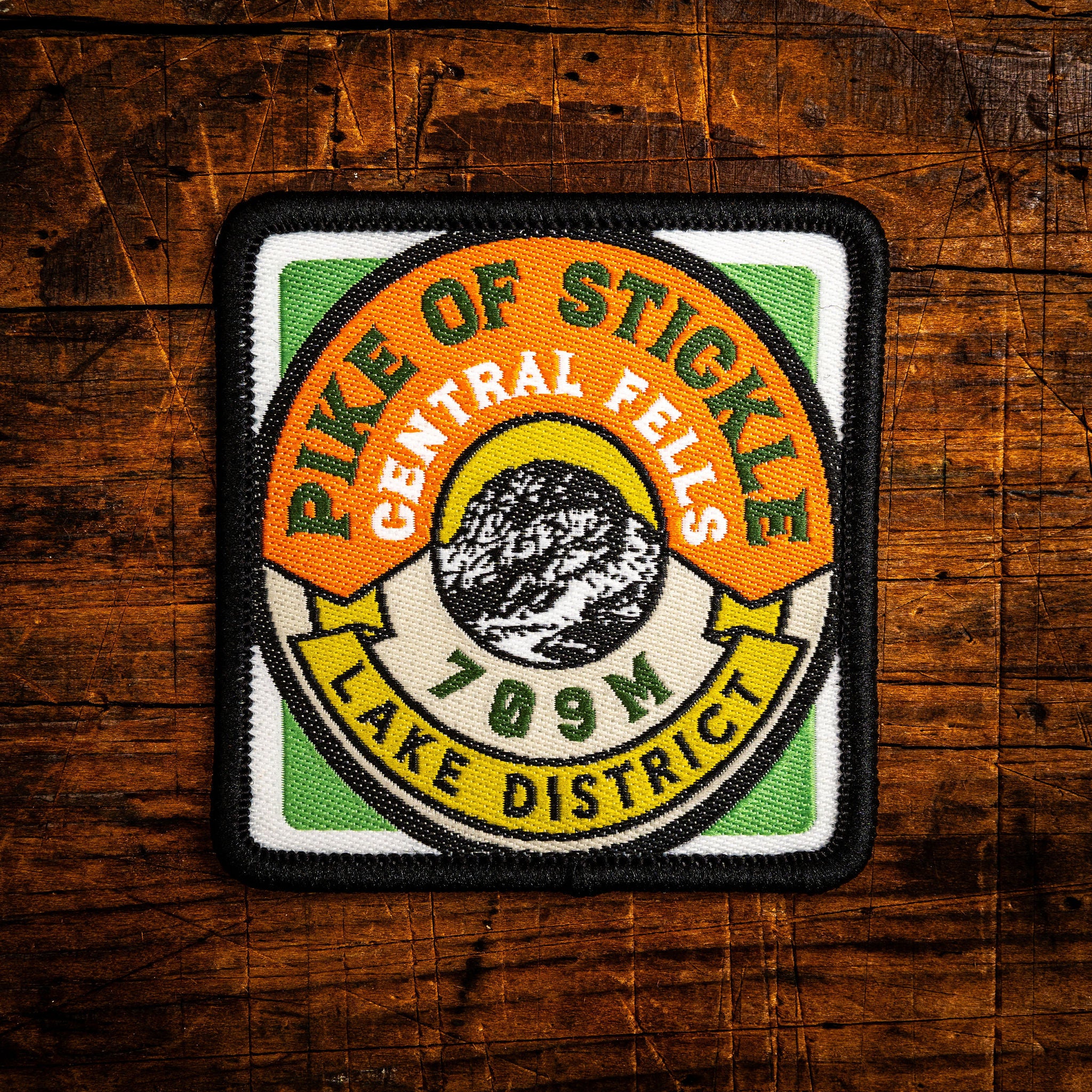 Pike of Stickle retro woven patch – Central Fells Langdale Pikes Wainwright, Lake District, iron-on