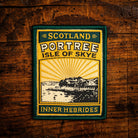Portree retro woven patch - capital of the Isle of Skye, Scotland, whisky label design, iron-on backing