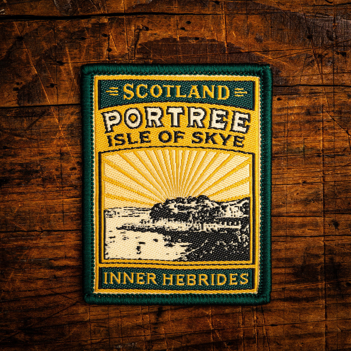 Portree retro woven patch - capital of the Isle of Skye, Scotland, whisky label design, iron-on backing
