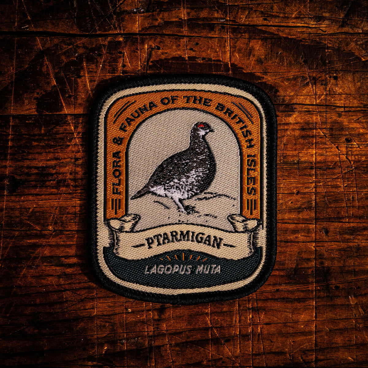 Ptarmigan retro woven patch - Scottish mountain grouse, camouflaged bird, wildlife patch, iron-on