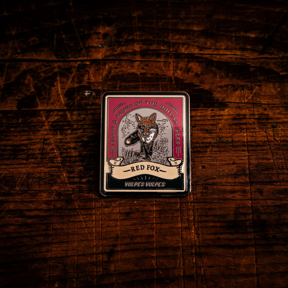 Red Fox hard enamel pin - iconic British wildlife, illustrated design, butterfly clasp