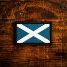 Scotland Saltire flag retro woven patch – velcro-backed Scottish flag patch, 4.5cm x 3cm, recycled yarn