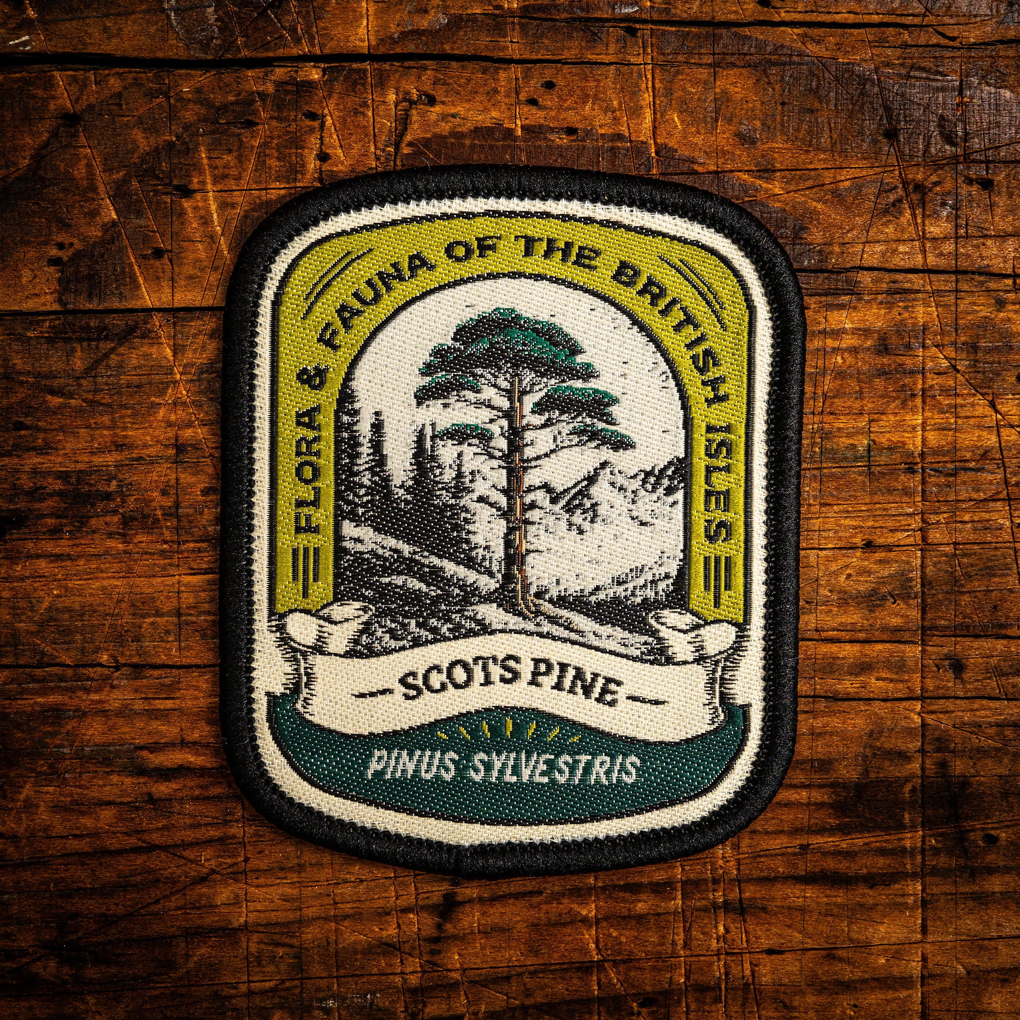 Scots Pine retro woven patch - iconic Scottish native tree, flora patch, iron-on backing, recycled yarn
