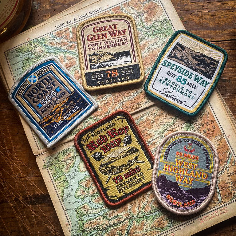 Scottish Great Trails patches collection – Speyside Way patch included in retro woven set