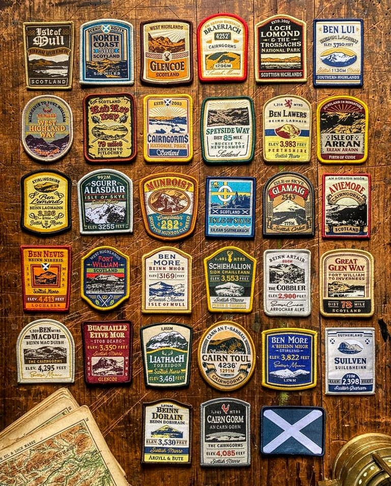 Full set of 33 Scotland patches including North Coast 500 - retro woven hiking patch collection