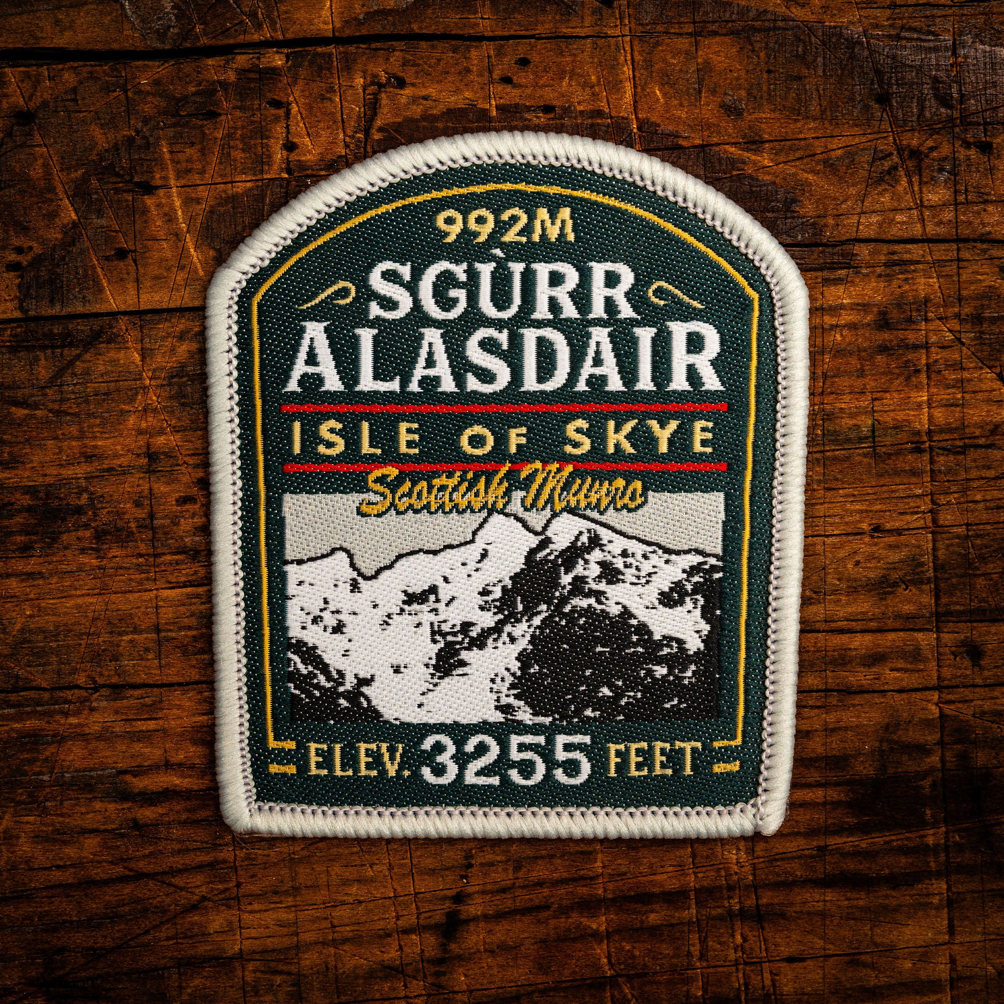 Sgurr Alasdair retro woven patch – highest Munro on Isle of Skye, Scotland, whisky label design, iron-on