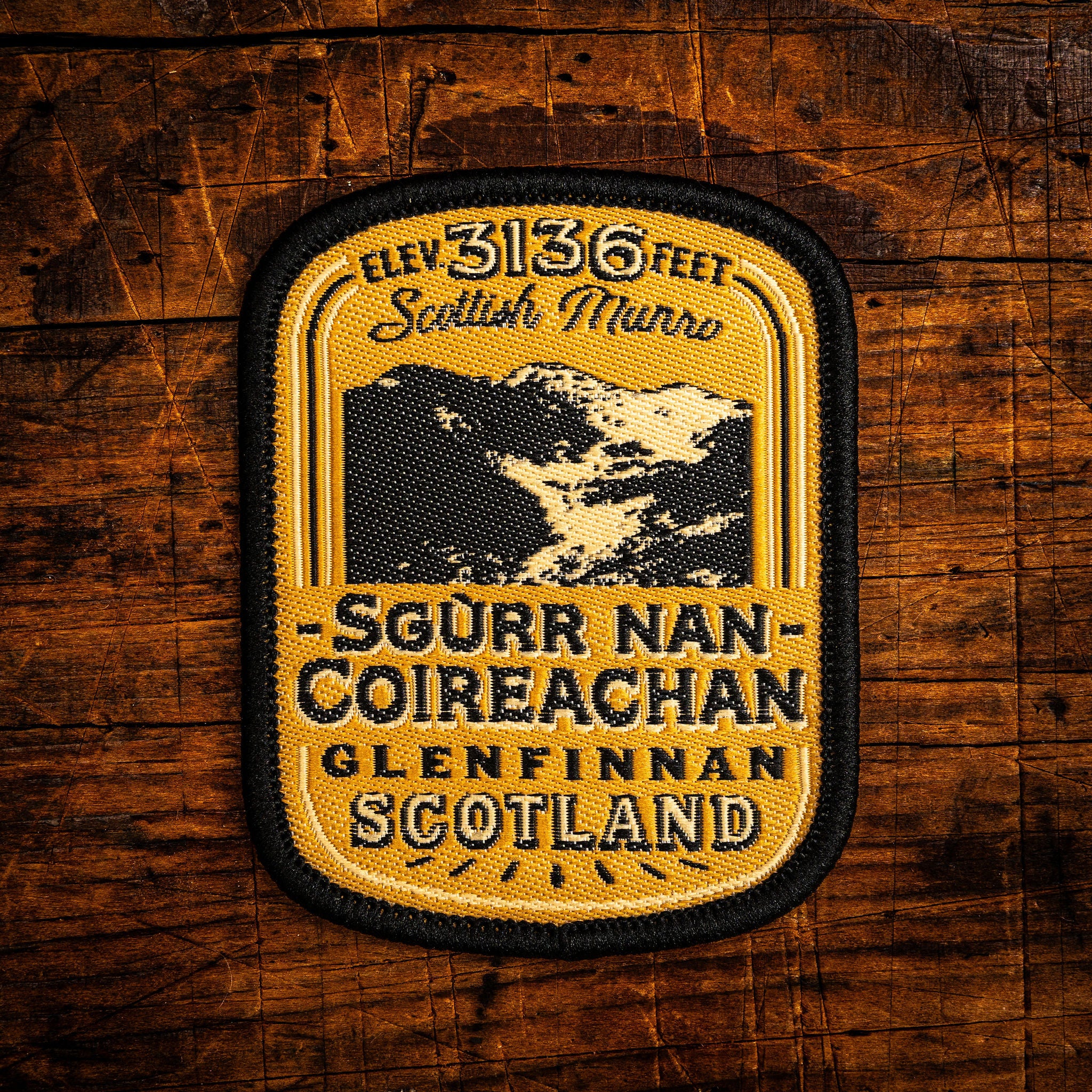 Sgurr Nan Coireachan retro woven patch - Munro in Glenfinnan, West Highlands, whisky label design, iron-on