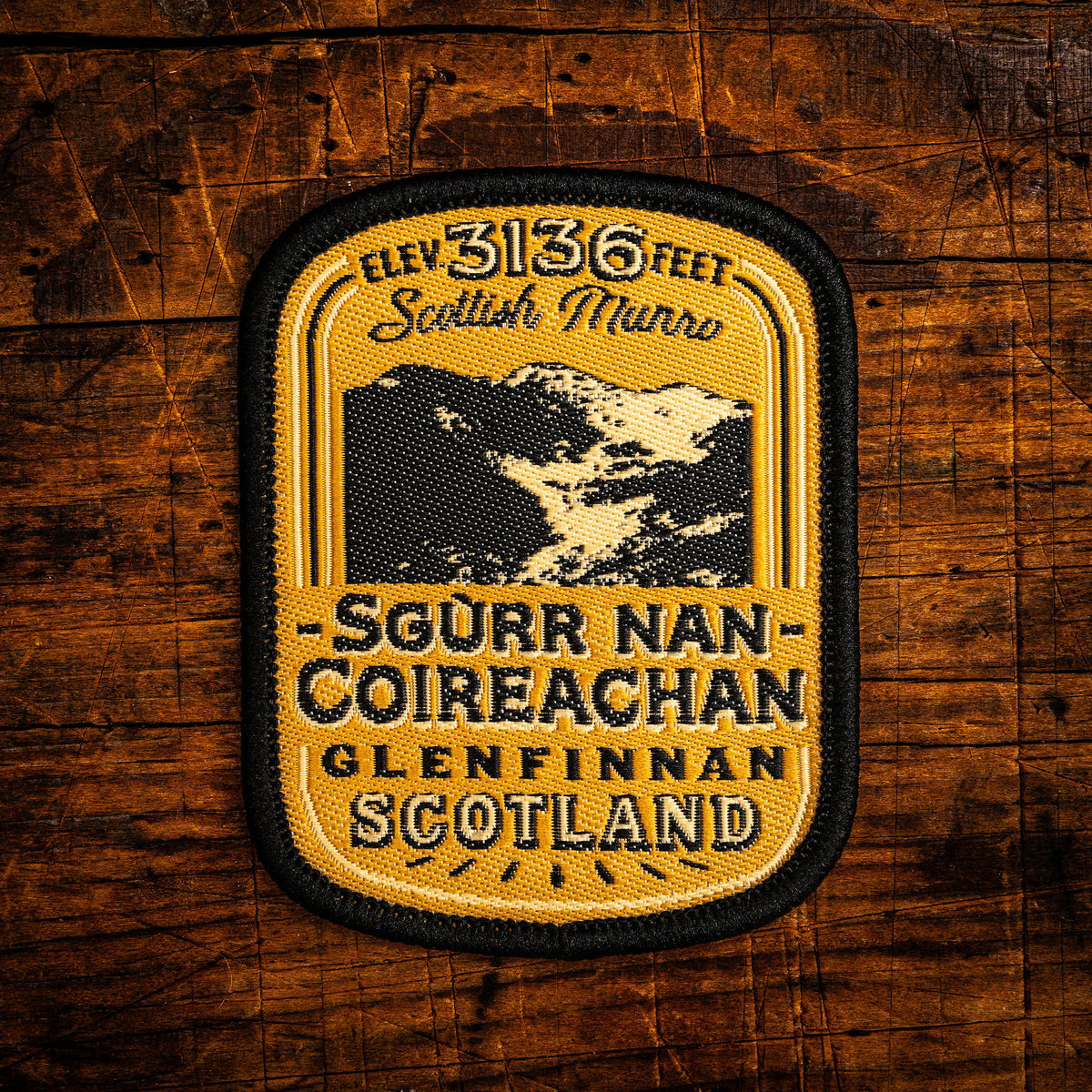 Sgurr Nan Coireachan retro woven patch - Munro in Glenfinnan, West Highlands, whisky label design, iron-on