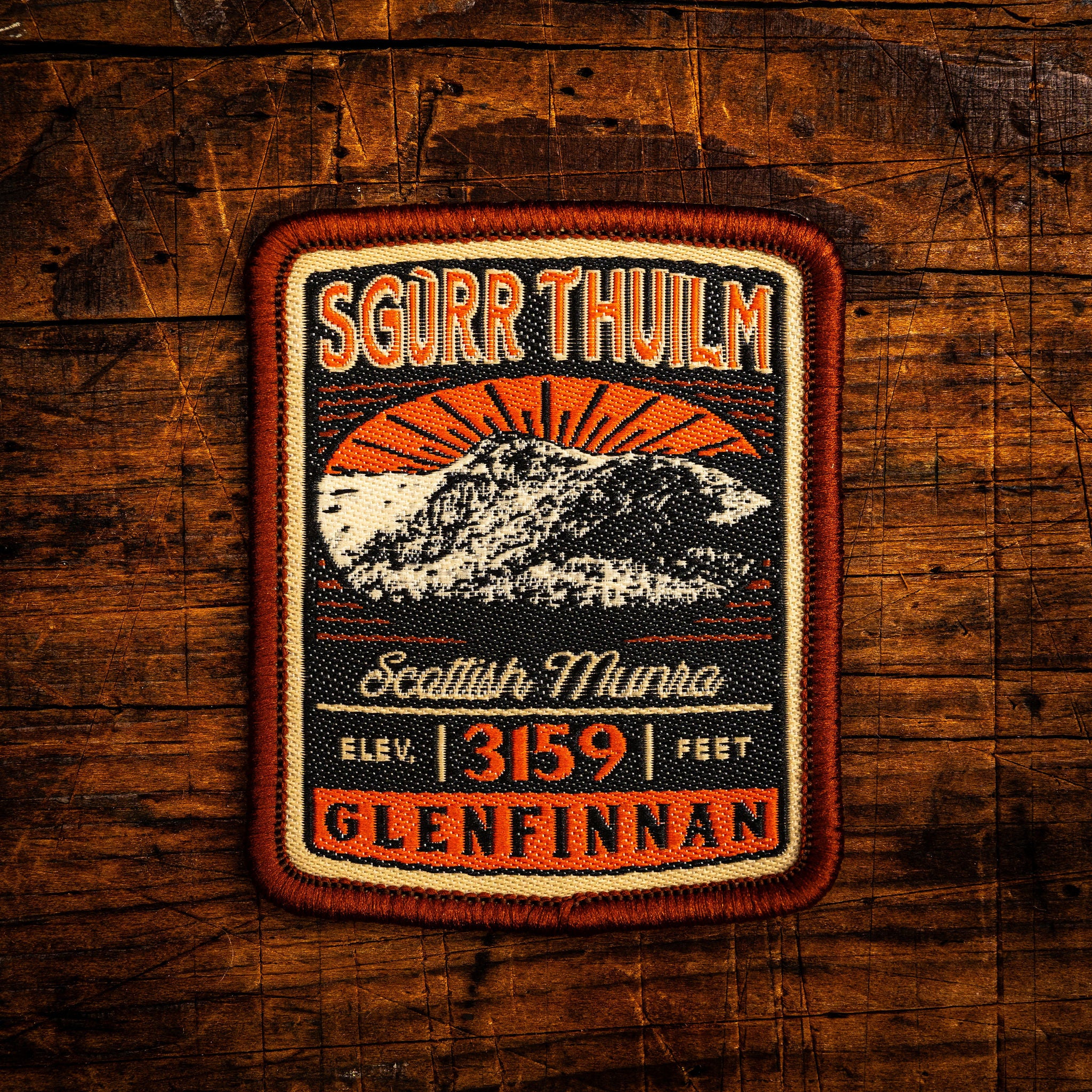 Sgurr Thuilm retro woven patch - Munro in Glenfinnan, West Highlands, whisky label design, iron-on
