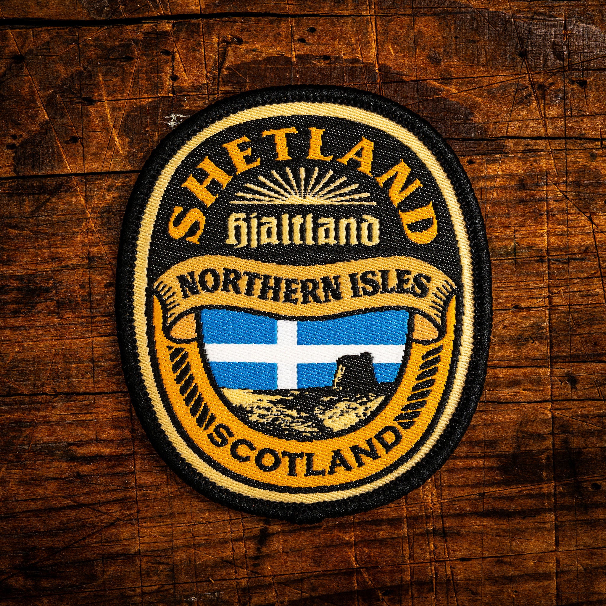 Shetland retro woven patch - spectacular remote Scottish archipelago, whisky label design, iron-on