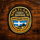 Shetland retro woven patch - spectacular remote Scottish archipelago, whisky label design, iron-on