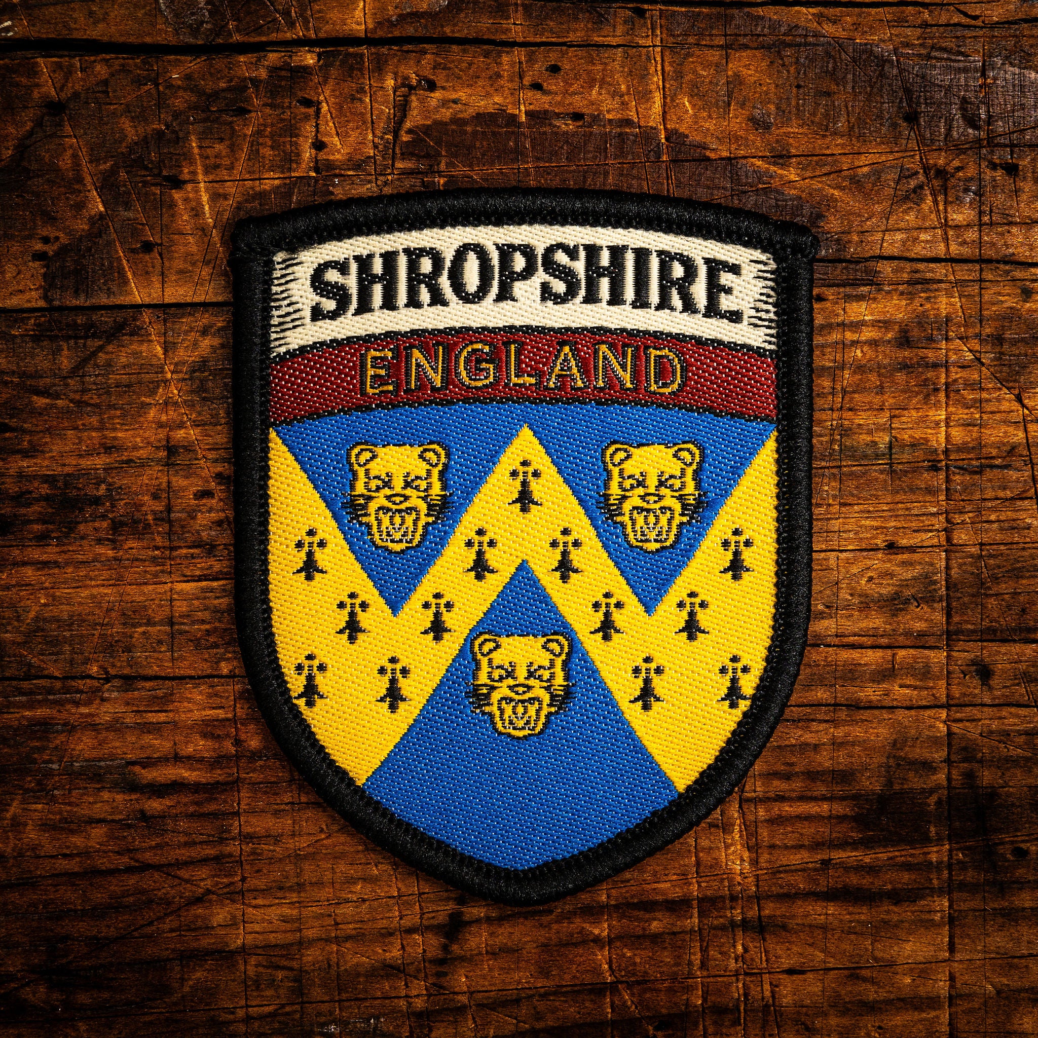Shropshire county flag retro woven patch - county flag of Shropshire, England, iron-on backing
