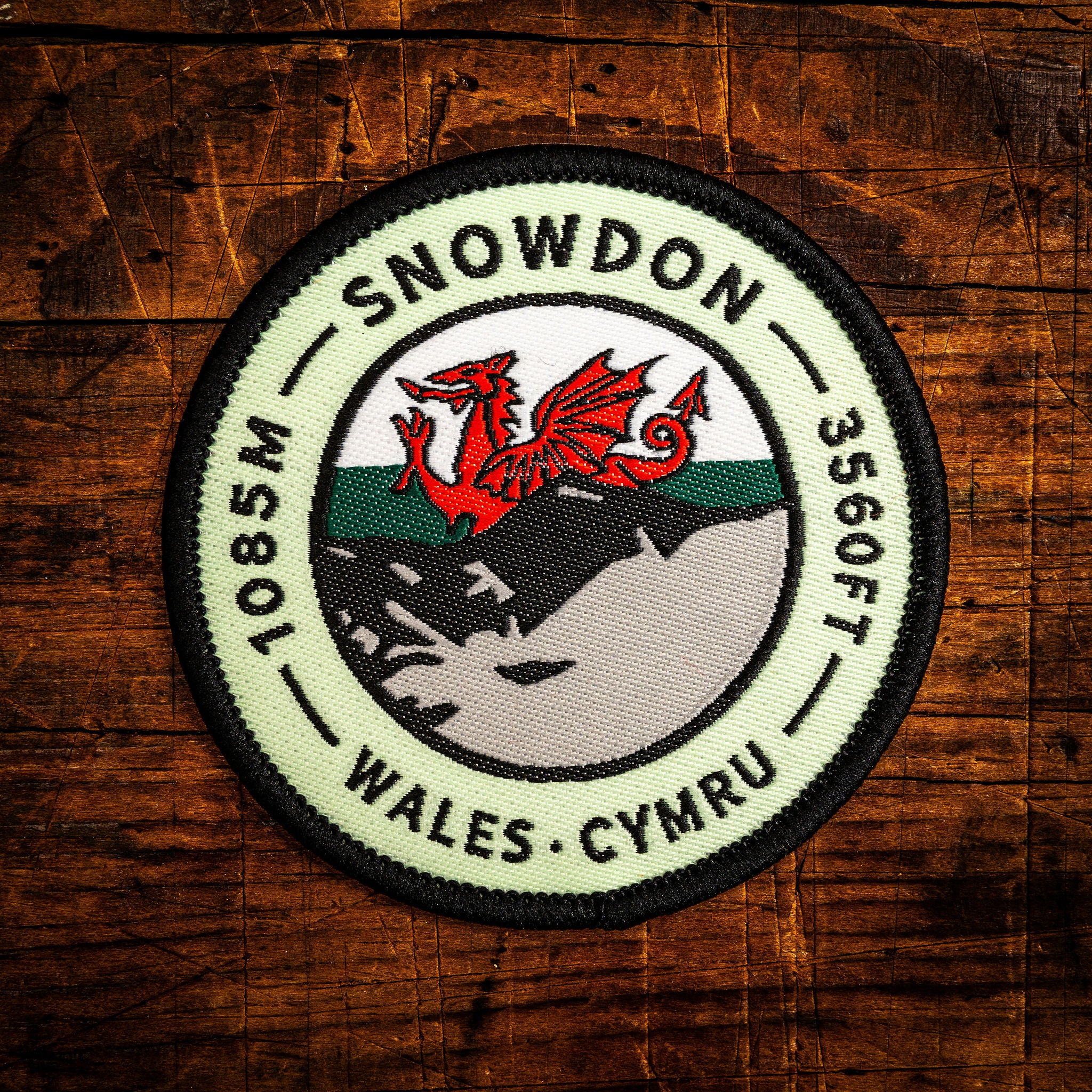 Snowdon retro woven patch – highest mountain in Wales, UK Three Peaks, iron-on backing, recycled yarn