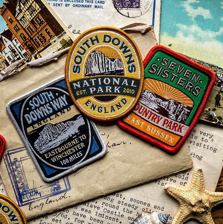 South Downs patches on letters and postcards – Seven Sisters Country Park woven patch collection