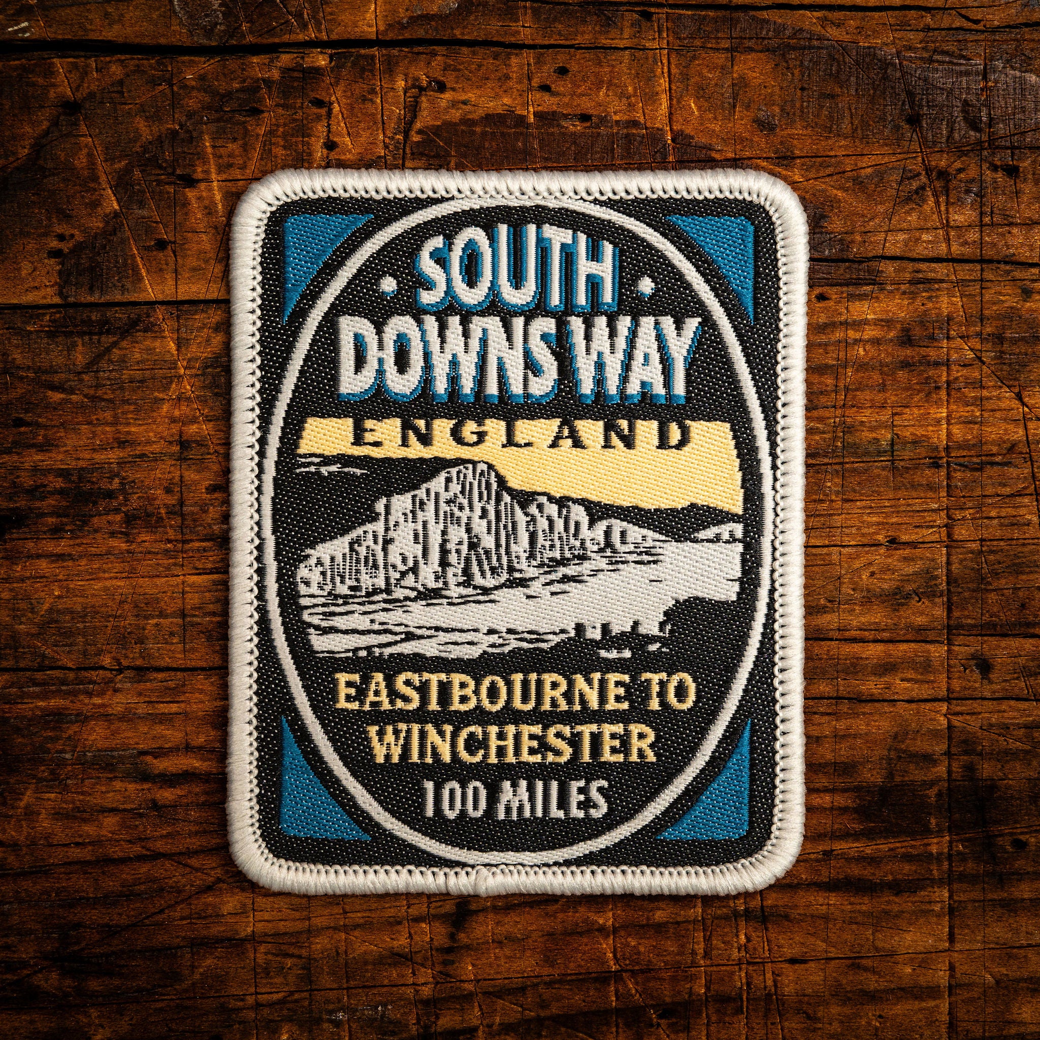 South Downs Way retro woven patch – national trail from Eastbourne to Winchester, iron-on backing