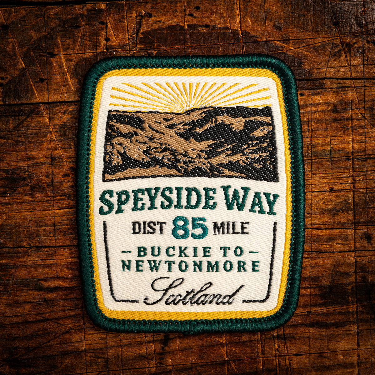 Speyside Way retro woven patch – Scotland's Great Trail following the Spey Valley, iron-on backing