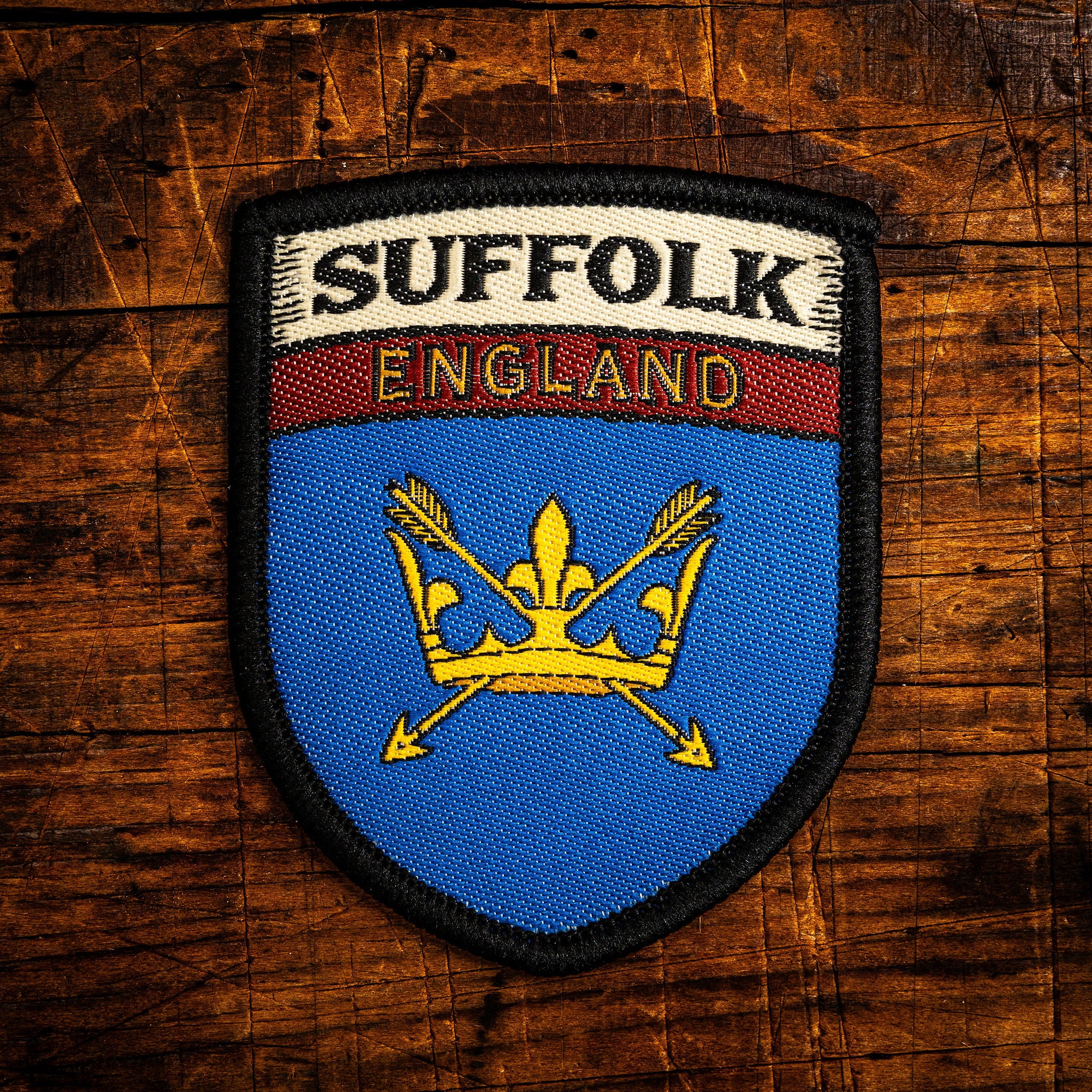 Suffolk county flag retro woven patch - county flag of Suffolk, England, iron-on backing, recycled yarn