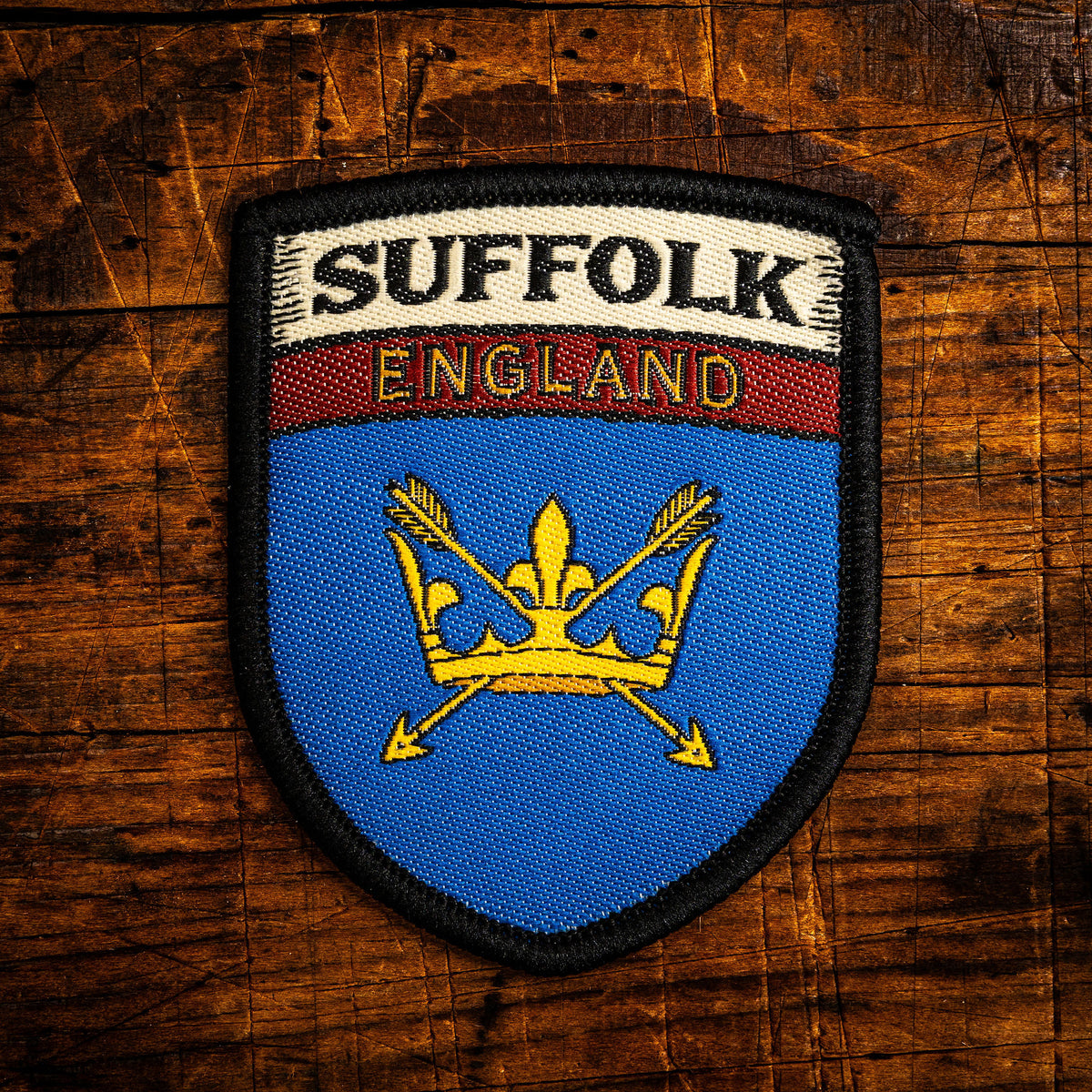 Suffolk county flag retro woven patch - county flag of Suffolk, England, iron-on backing, recycled yarn