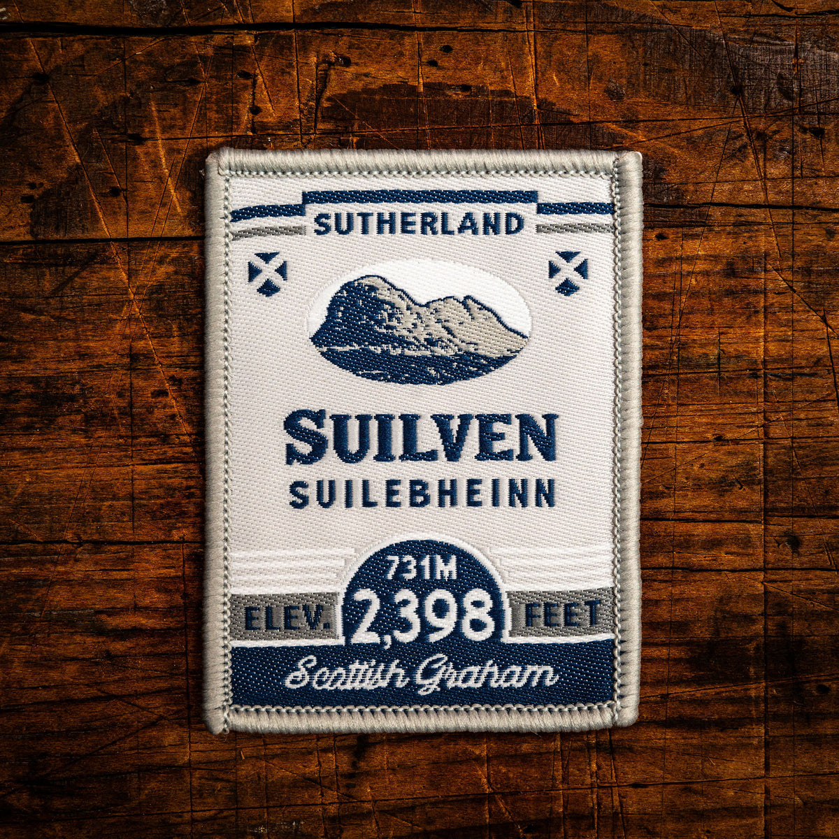 Suilven retro woven patch – iconic Assynt Corbett, Scotland, whisky label design, iron-on backing