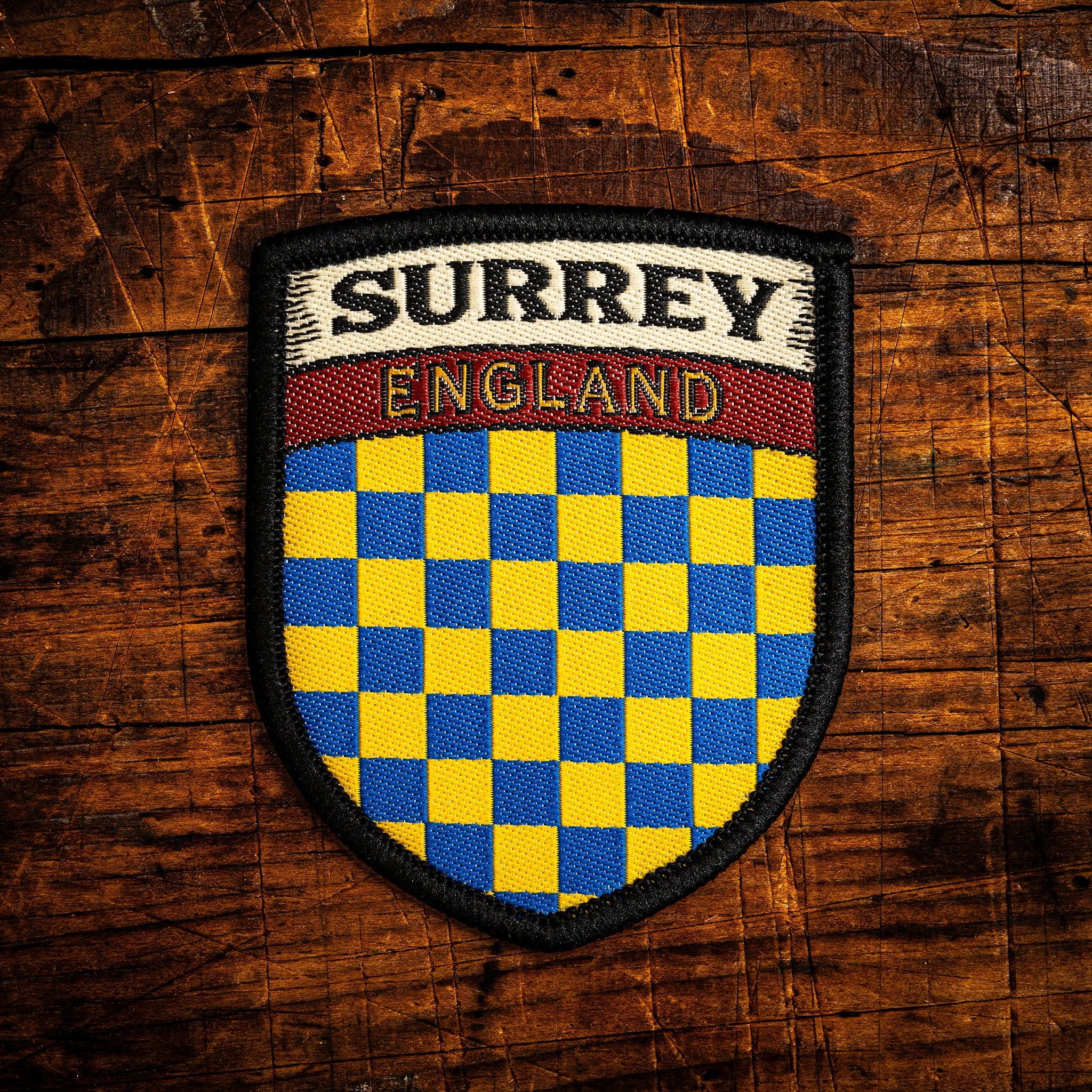 Surrey county flag retro woven patch - county flag of Surrey, England, iron-on backing, recycled yarn