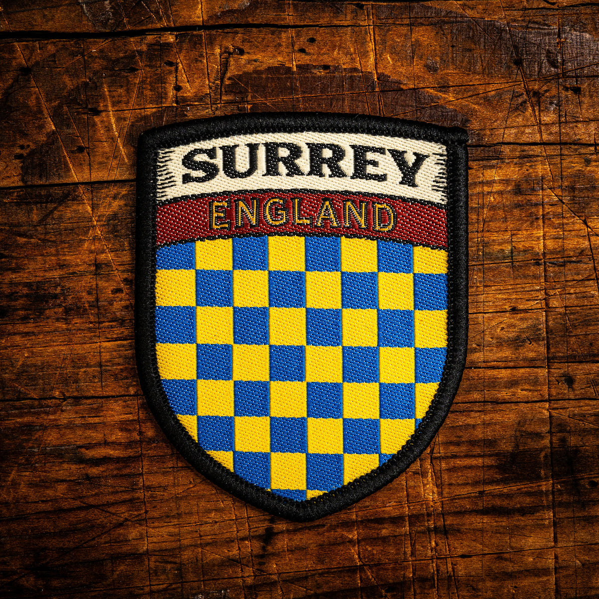Surrey county flag retro woven patch - county flag of Surrey, England, iron-on backing, recycled yarn