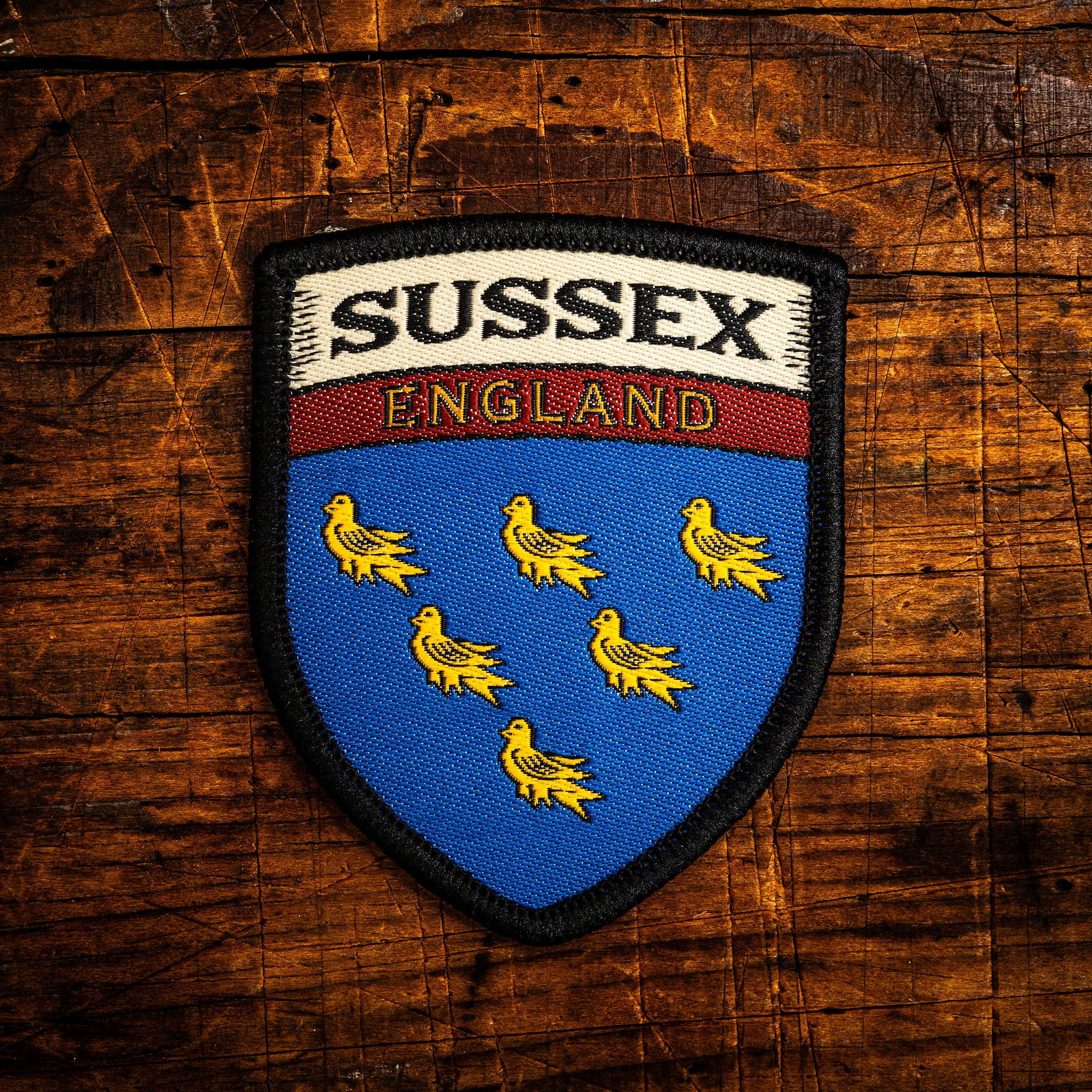 Sussex county flag retro woven patch - county flag of Sussex, England, iron-on backing, recycled yarn